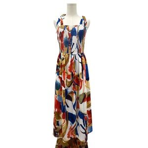 PrettyGarden Womens Smocked Midi Dress Tie Strap Abstract Print Boho Summer Sz M